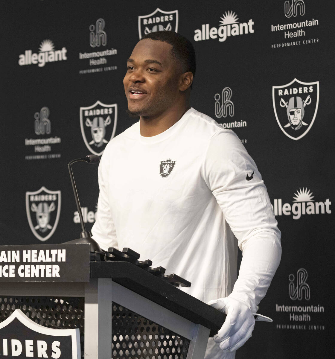 Raiders wide receiver Amari Cooper speaks during a news conference at the Intermountain Health ...