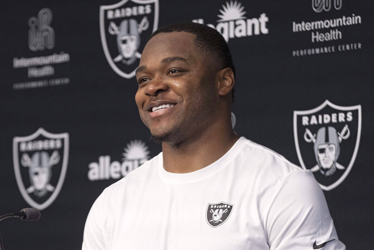 Raiders wide receiver Amari Cooper answers questions from the media during a news conference at ...