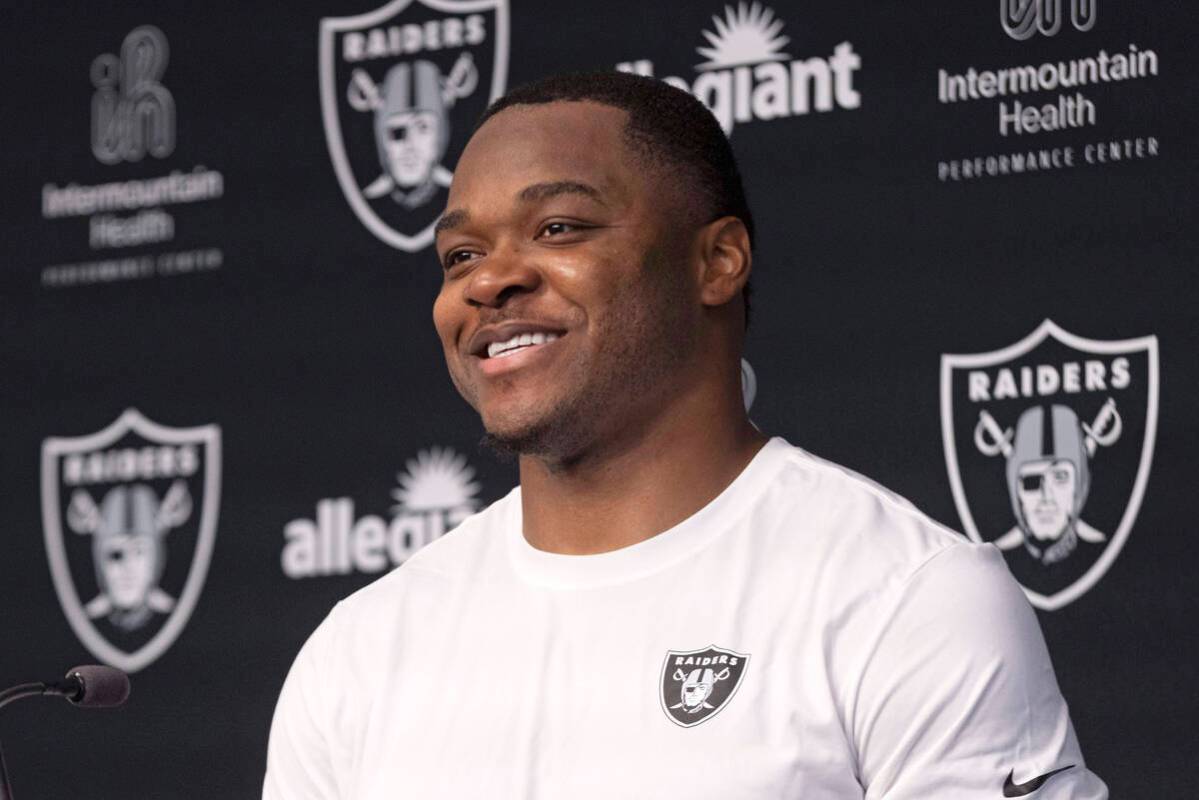 Raiders wide receiver Amari Cooper answers questions from the media during a news conference at ...