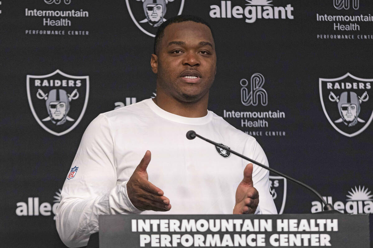 Raiders wide receiver Amari Cooper answers questions from the media during a news conference at ...