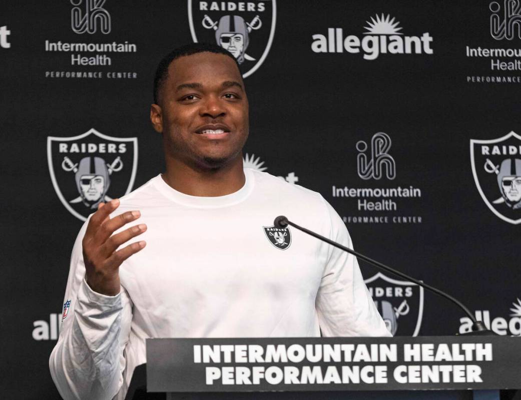 Raiders wide receiver Amari Cooper answers questions from the media during a news conference at ...