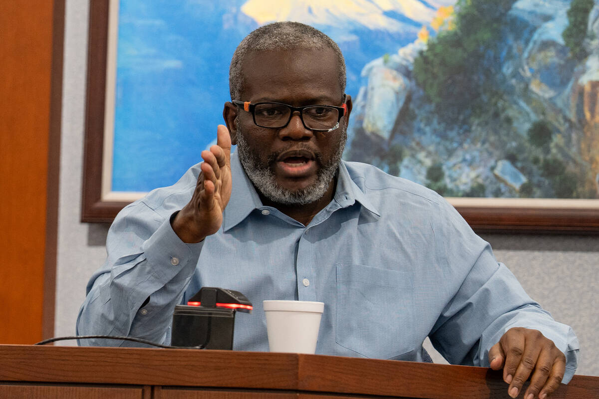 Nathan Williams delivers a narrative testimony to the jury in Las Vegas on Aug. 26, 2025. Willi ...