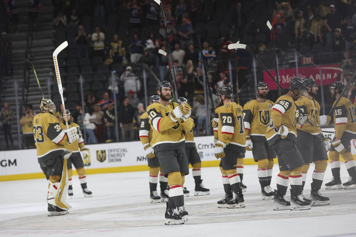 Golden Knights players acknowledge fans after losing the series to the Edmonton Oilers in Game ...
