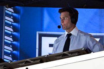 FILE 0- Former NFL quarterback Tom Brady looks on from the broadcast booth during the second ha ...