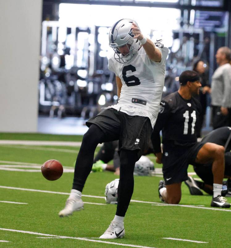 Raiders punter AJ Cole (6) works on his punt during practice at the Intermountain Health Perfor ...