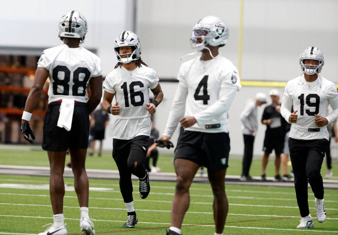 Raiders tight end Justin Shorter (88) wide receivers Jakobi Meyers (16) Shedrick Jackson (4) an ...