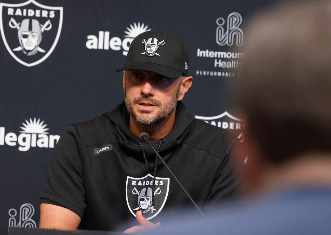 Raiders General Manager John Spytek addresses the media after team practice at the Intermountai ...