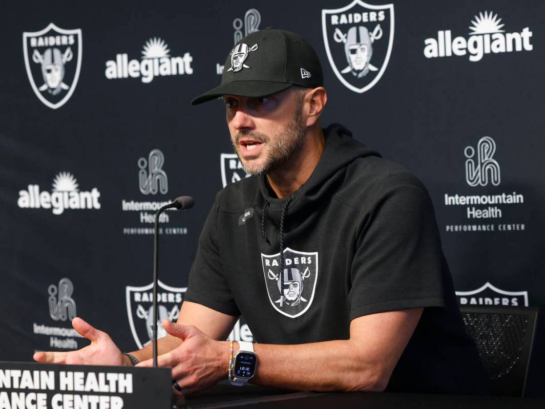 Raiders General Manager John Spytek addresses the media after team practice at the Intermountai ...