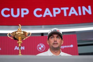 Keegan Bradley participates in a news conference in New York, Tuesday, July 9, 2024 in which he ...