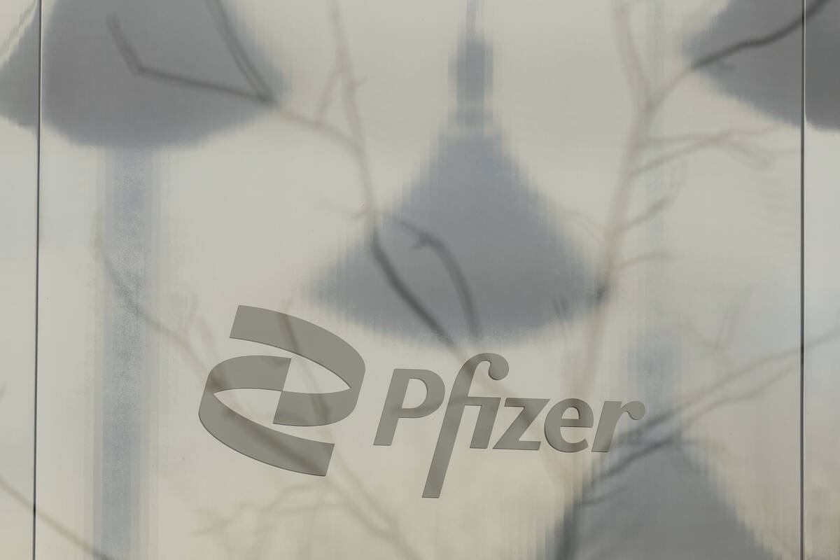 Pfizer signage is displayed at the Pfizer NYC Headquarters, Thursday, April 10, 2025, in New Yo ...
