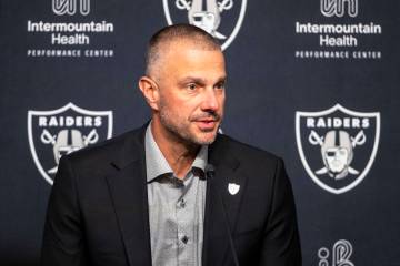Raiders general manager John Spytek answers media questions during a news conference at the Int ...