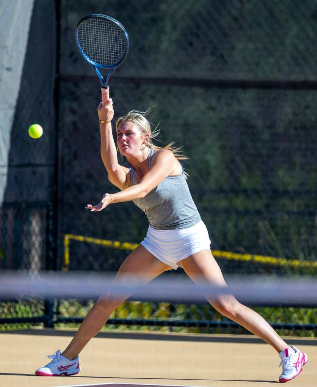 Bishop Gorman's Ella Redden returns a ball against Faith Lutheran during their singles NIAA ten ...