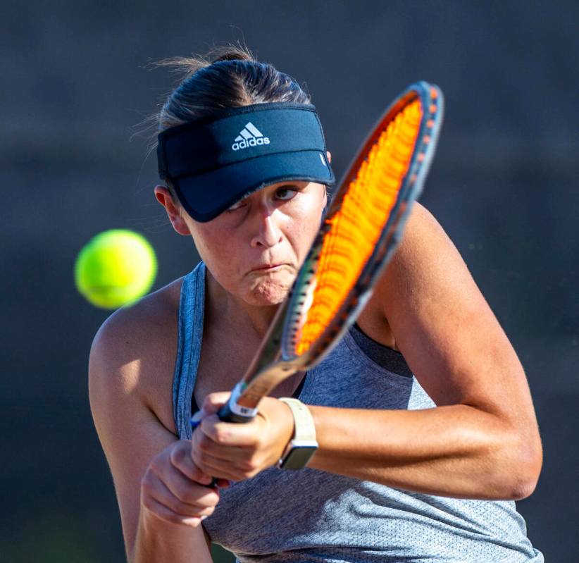 Bishop Gorman's Allie Miller eyes a returned ball against Faith Lutheran during their doubles N ...