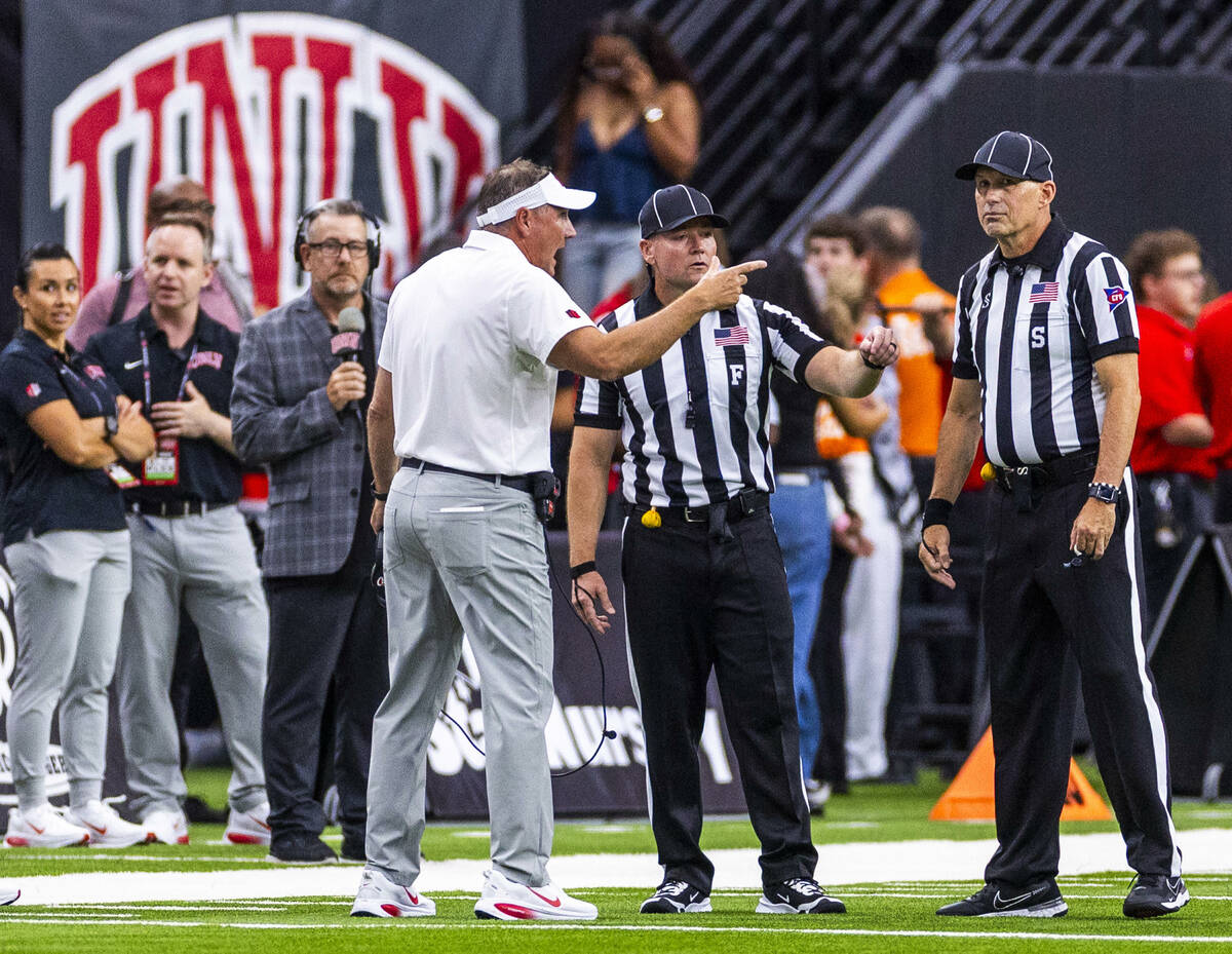 UNLV head coach Dan Mullen argues another penalty on his team in favor of the Idaho State Benga ...