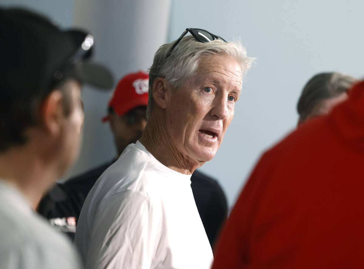 Raiders head coach Pete Carroll answers reporter questions after team practice at the Intermoun ...