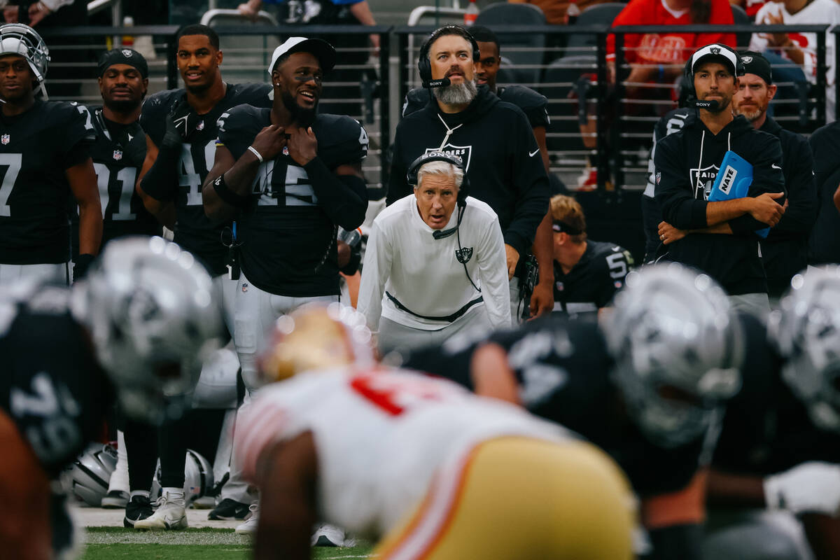 Raiders head coach Pete Carroll watches the second half of the game on Saturday, Aug. 16, 2025 ...