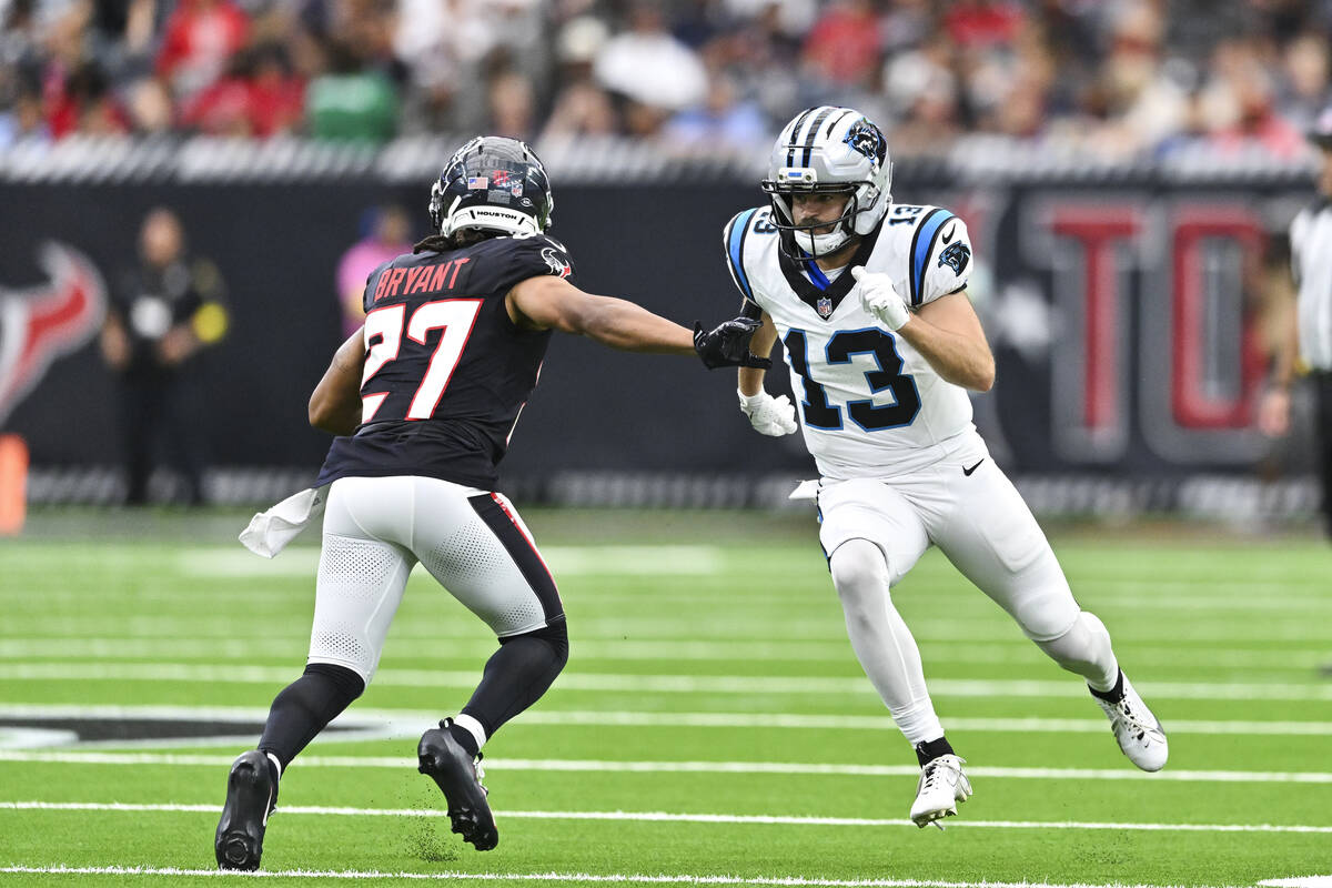 Carolina Panthers wide receiver Hunter Renfrow (13) runs a route against the Houston Texans dur ...
