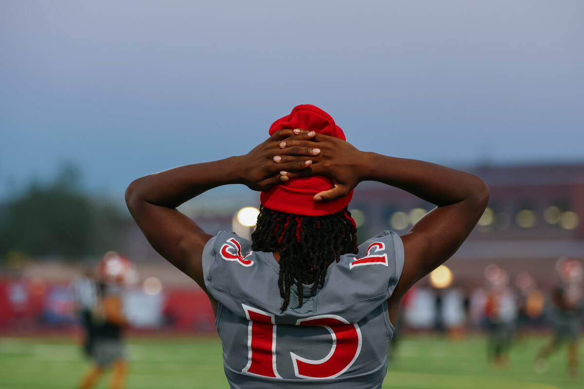 Arbor View wide receiver Mekhi Mitchell (13) puts his hands on his head while watching the foot ...