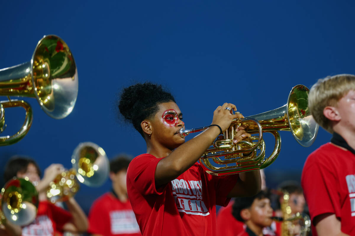 The Arbor View marching band performs during halftime of a football game on Friday, Aug. 29, 20 ...