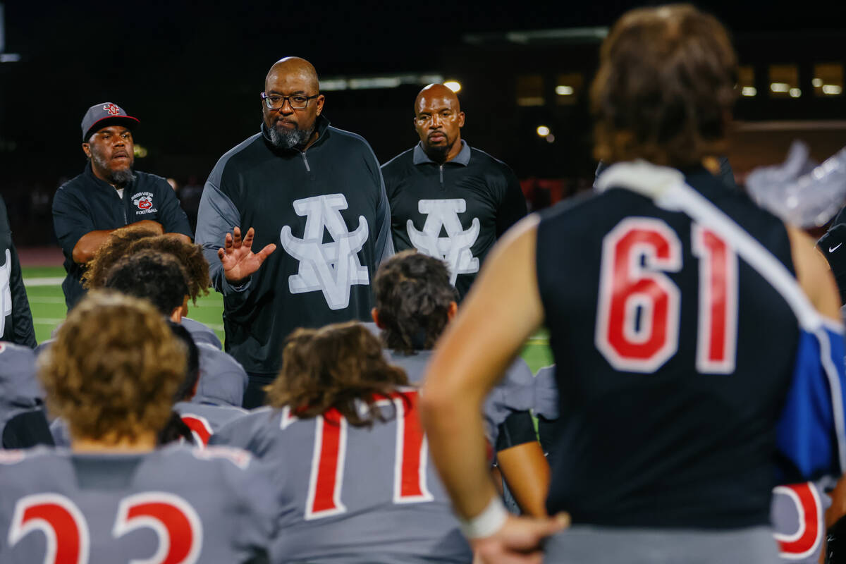 Arbor View head coach Sam Norris speaks to the team after a football game on Friday, Aug. 29, 2 ...