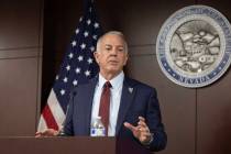 Gov. Joe Lombardo speaks during a press conference about the recent cyberattack affecting a num ...