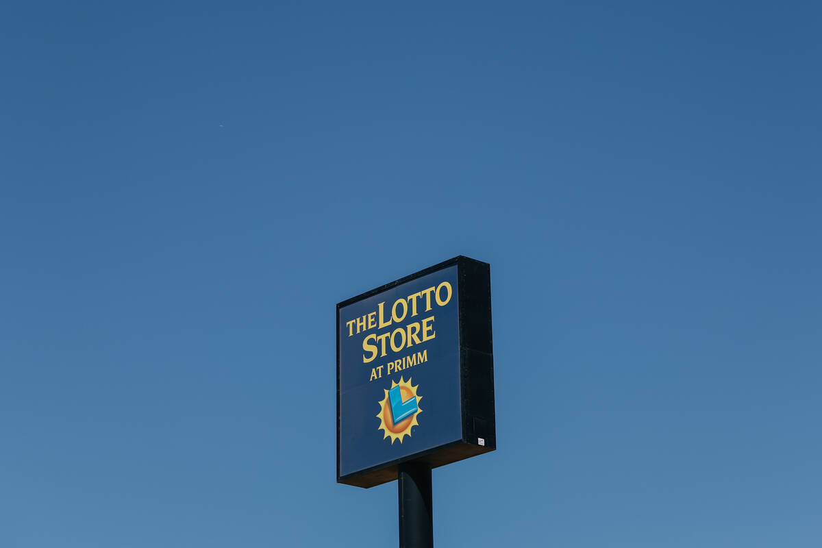 The Lotto Store sign on Saturday, Aug. 30, 2025 in Primm. The line wrapped around the building ...