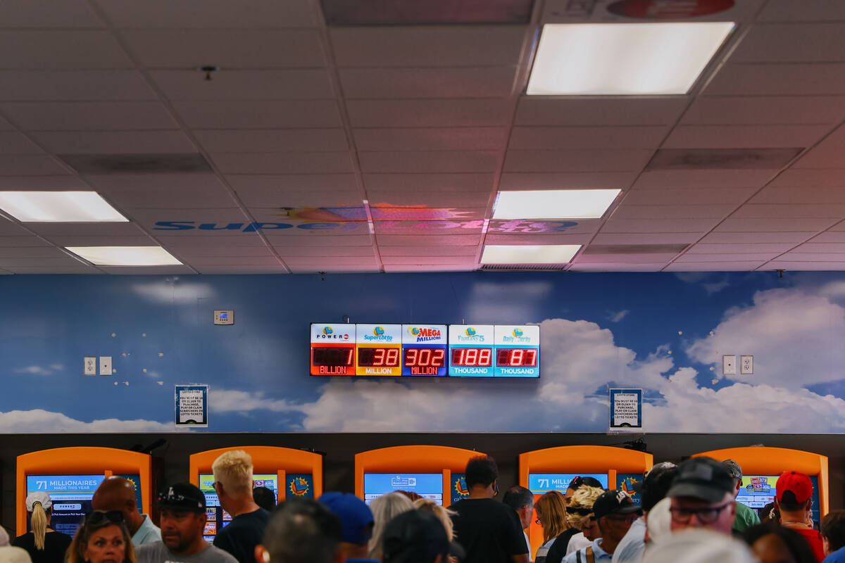 Jackpot amounts display on a board within The Lotto Store on Saturday, Aug. 30, 2025 in Primm. ...
