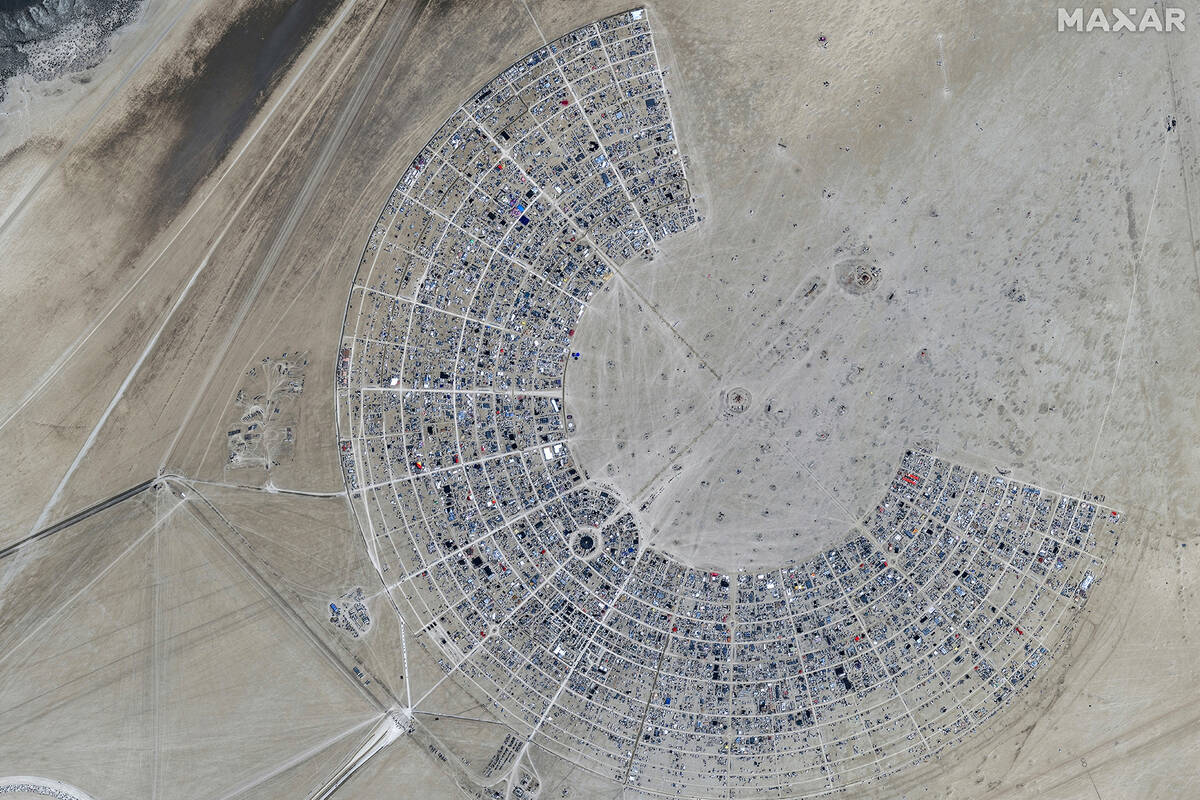 This image released by Maxar Technologies shows an overview of the Burning Man 2024 festival, S ...