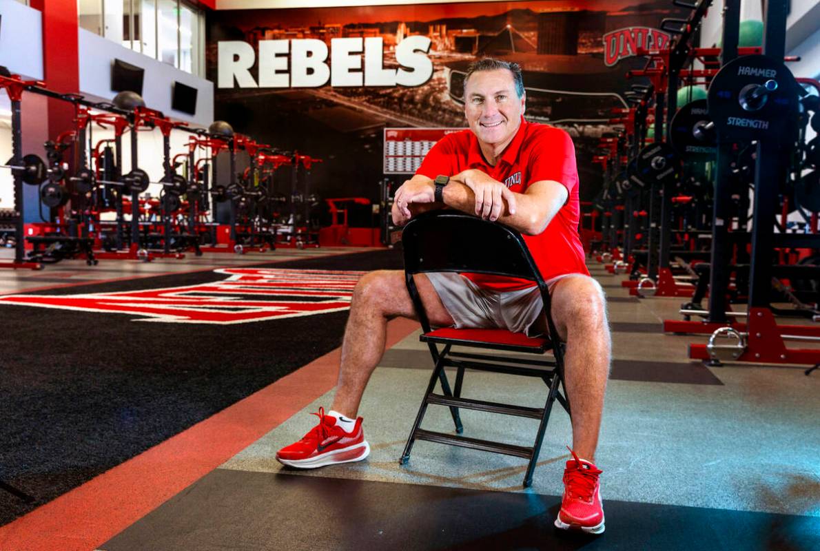 UNLV head coach Dan Mullen within the Fertitta Football Complex on Wednesday, Aug. 6, 2025, in ...