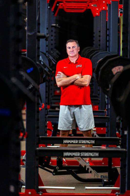 UNLV head coach Dan Mullen within the Fertitta Football Complex on Wednesday, Aug. 6, 2025, in ...