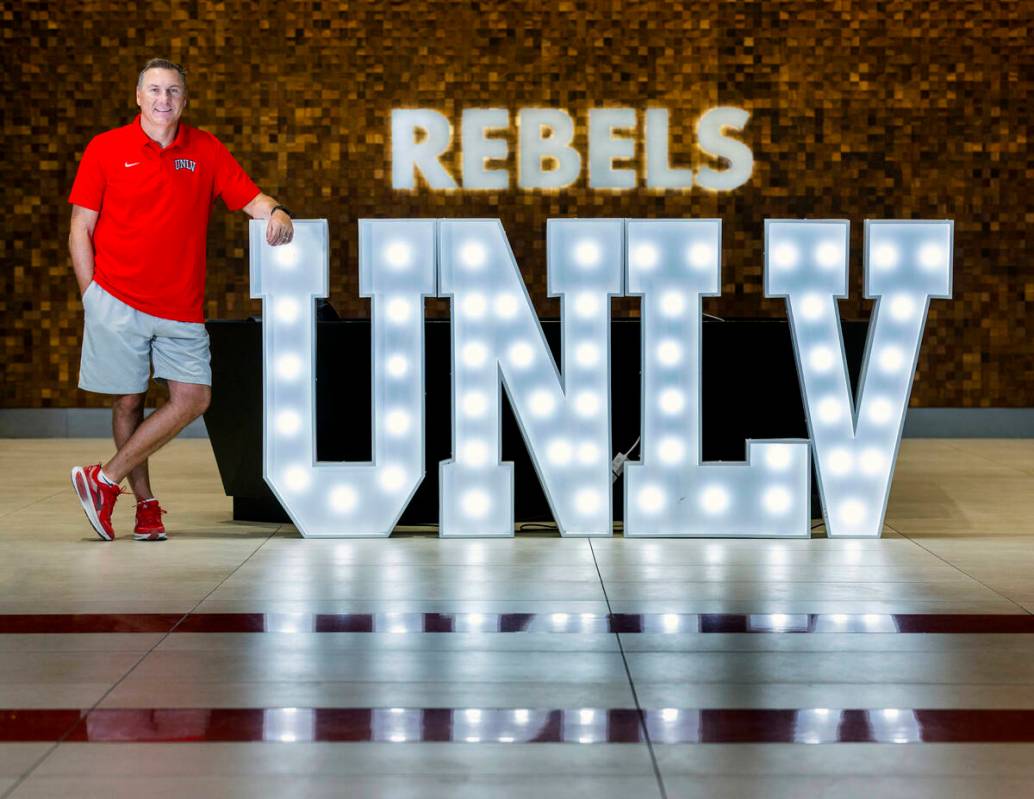 UNLV head coach Dan Mullen within the Fertitta Football Complex on Wednesday, Aug. 6, 2025, in ...