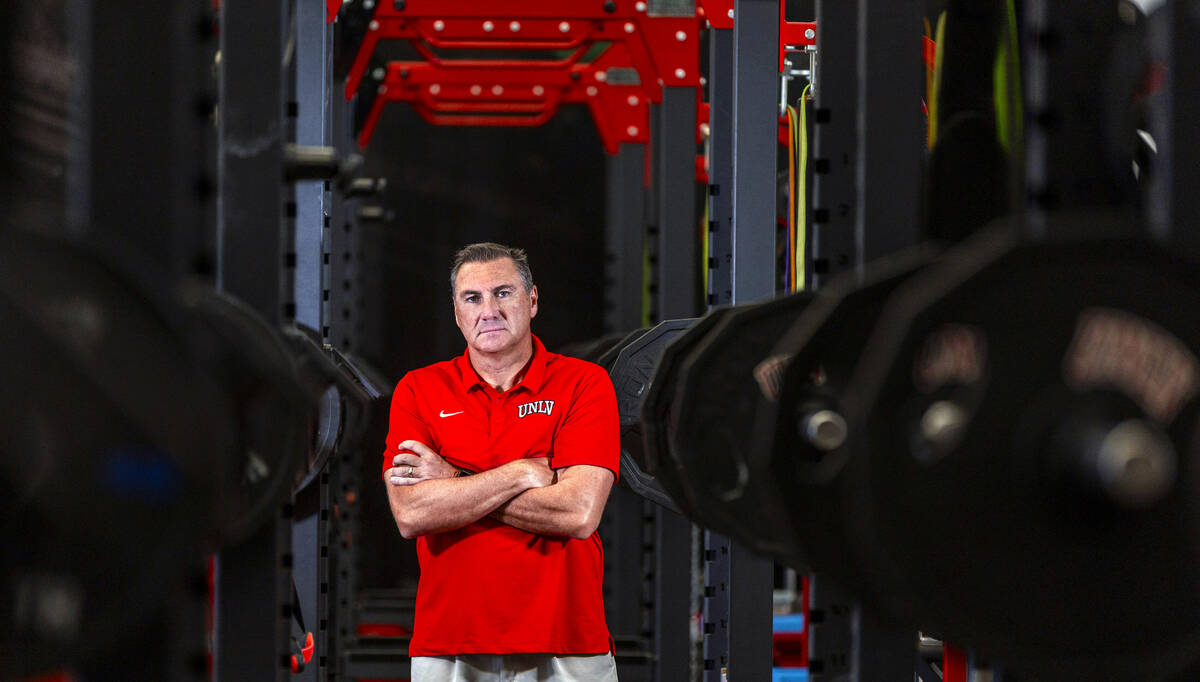 UNLV head coach Dan Mullen within the Fertitta Football Complex on Wednesday, Aug. 6, 2025, in ...
