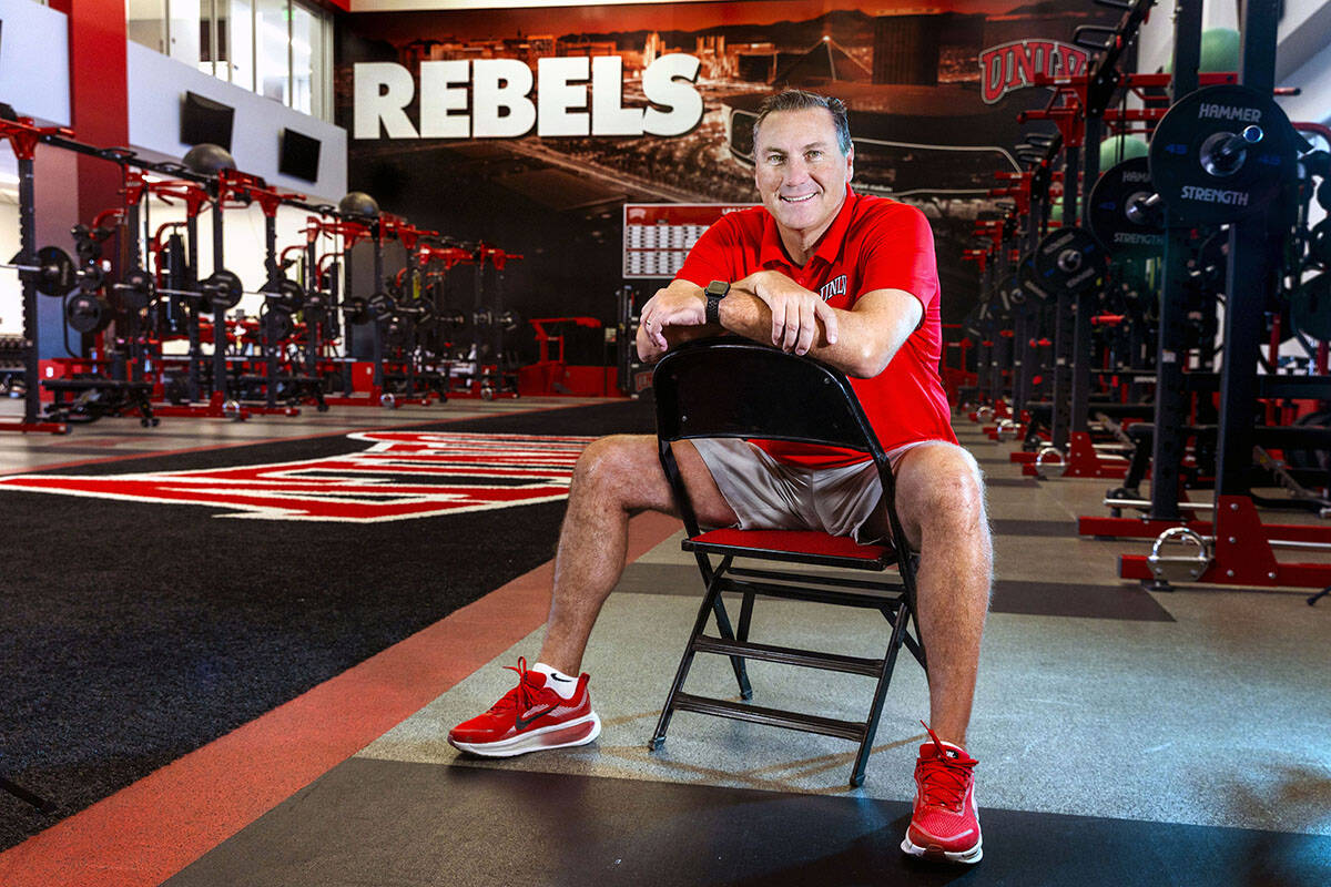 UNLV head coach Dan Mullen within the Fertitta Football Complex on Wednesday, Aug. 6, 2025, in ...