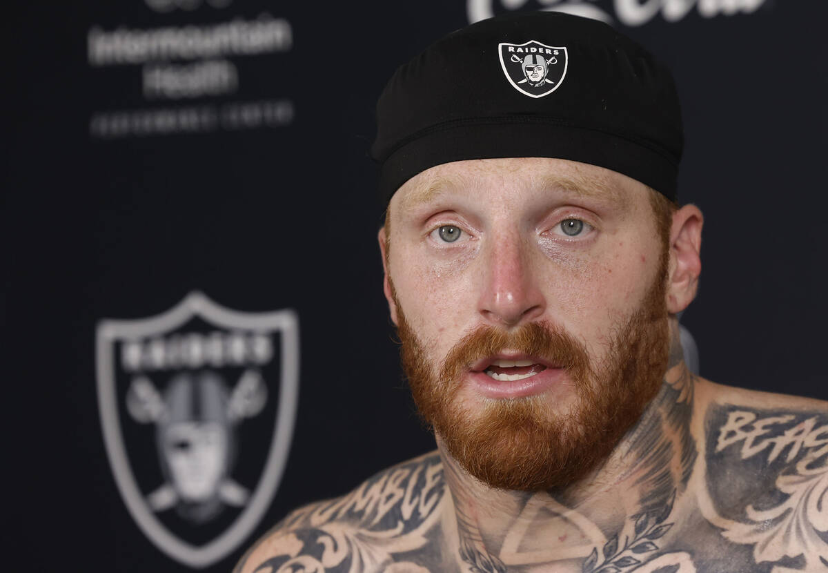 Raiders defensive end Maxx Crosby answers a media question after a joint practice with San Fran ...