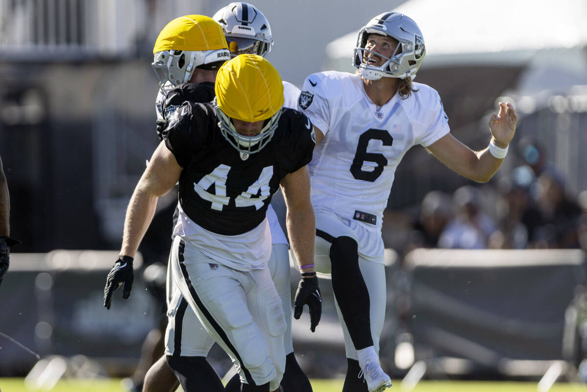 Raiders punter AJ Cole (6) watches his punt sail with safety Thomas Harper (34) in pursuit duri ...