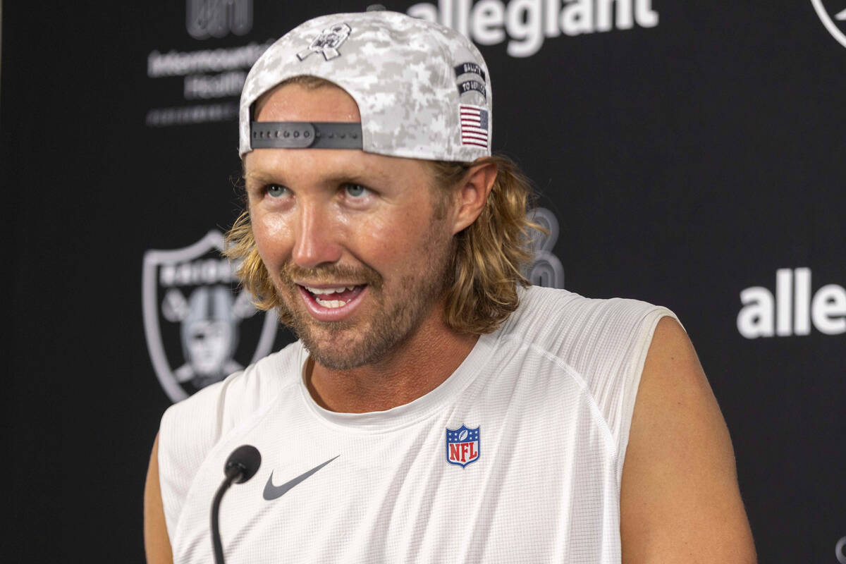 Raiders punter AJ Cole answers questions from media during a news conference after the team&#x2 ...