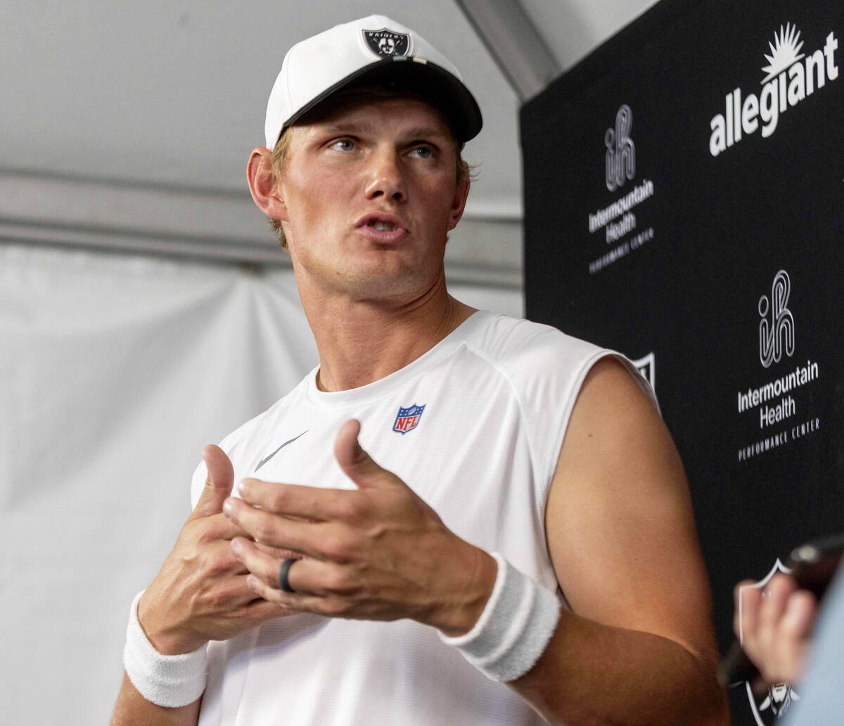 Raiders place kicker Daniel Carlson answers questions from the media during a news conference a ...