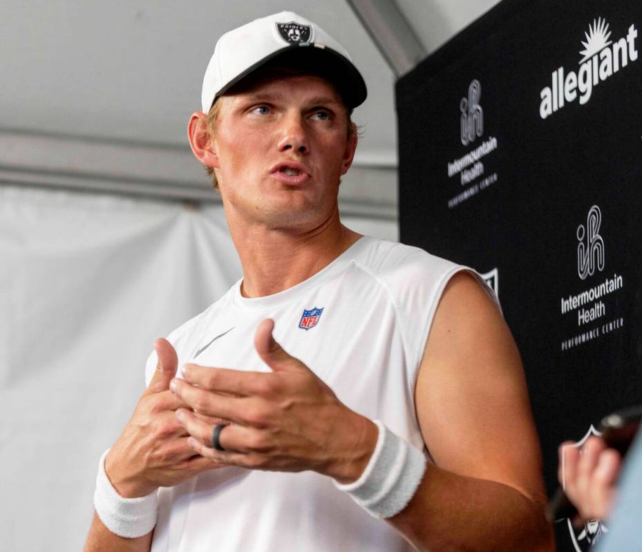 Raiders place kicker Daniel Carlson answers questions from the media during a news conference a ...
