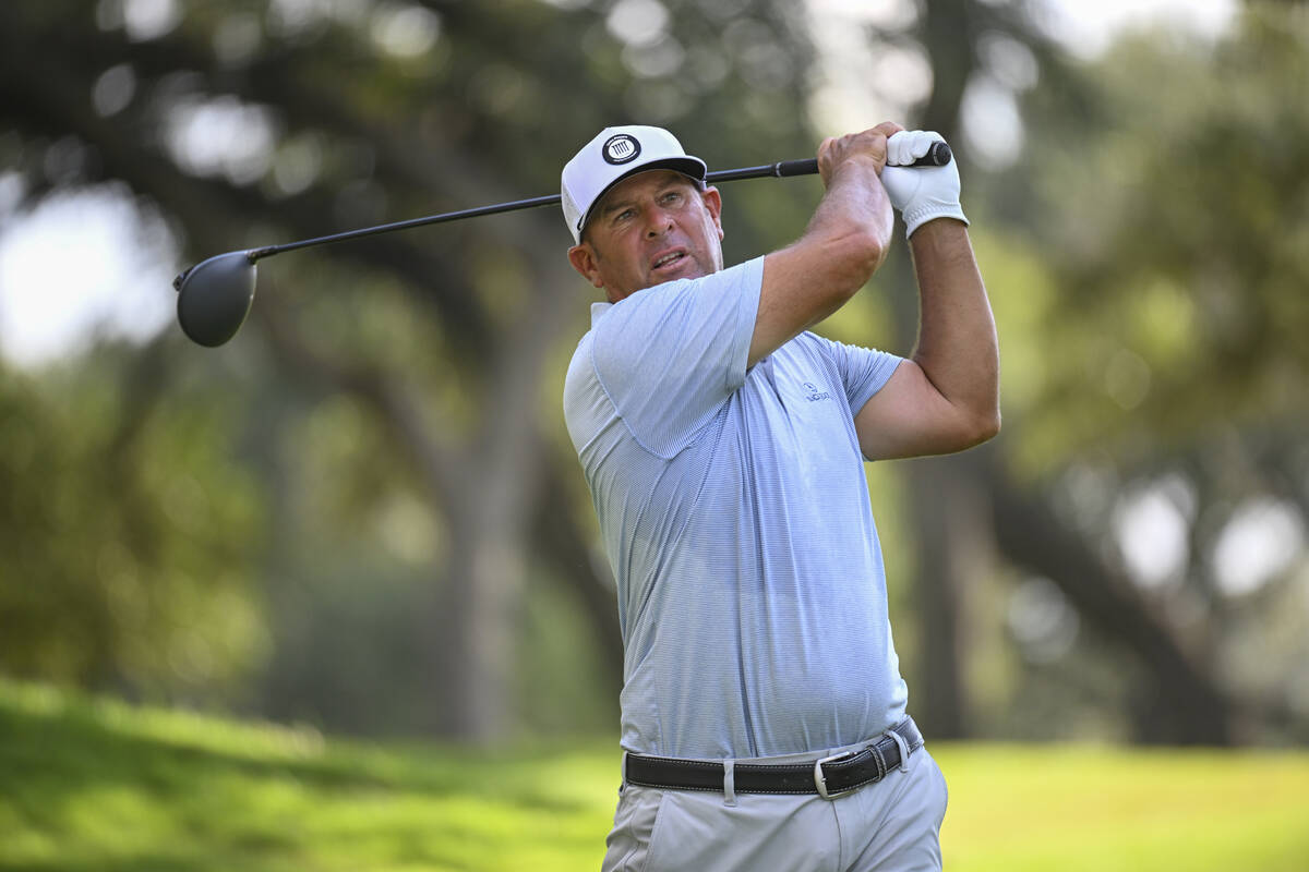 Joe Sawaia watches his tee shot at the third hole during the round of 32 of the 2025 U.S. Senio ...