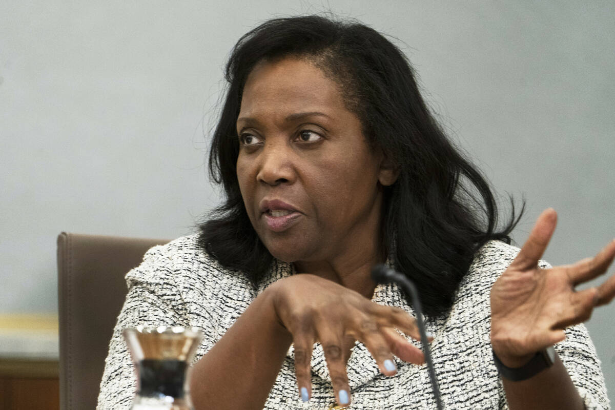 Board of Governors of the Federal Reserve member Lisa Cook, speaks during a conversations with ...