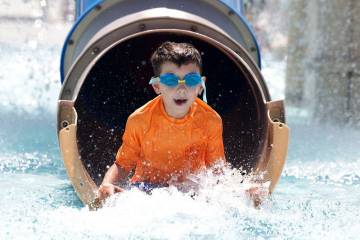 Silas Katz, 6, plays at Whitney Ranch Pool during Labor Day pool party in Henderson on Monday, ...