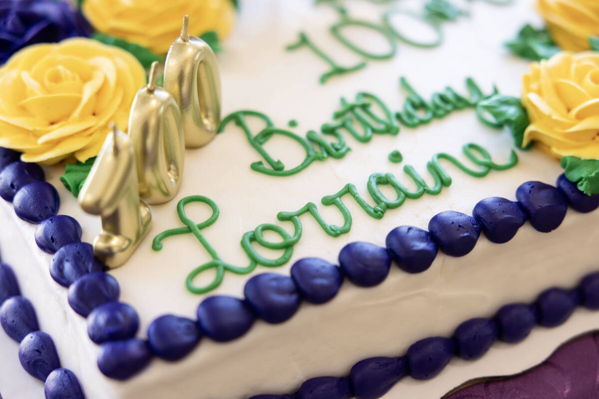 A birthday cake at Henderson resident Lorraine Demarest’s 100th birthday celebration at ...