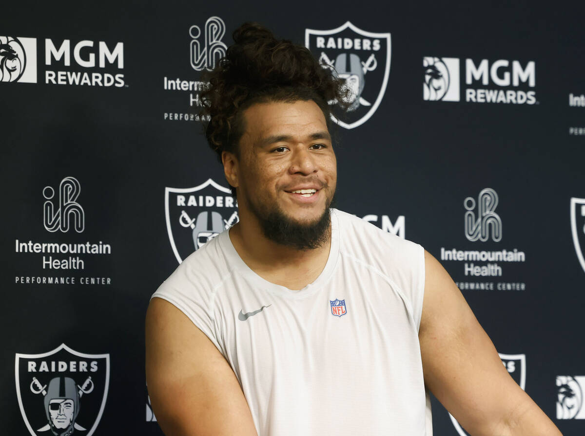 Raiders defensive tackle Leki Fotu (95) speaks to the media at the Intermountain Health Perform ...