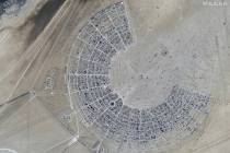 This image released by Maxar Technologies shows an overview of the Burning Man 2024 festival, S ...