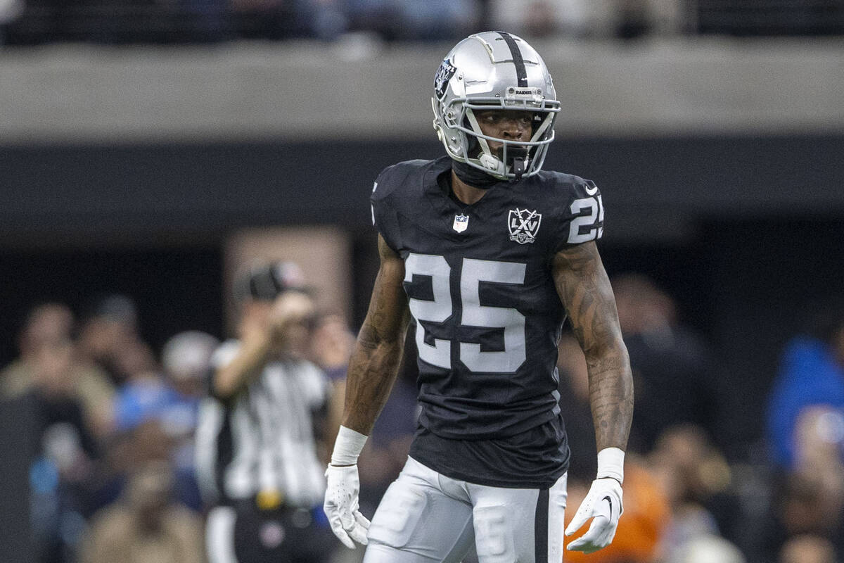 Raiders cornerback Decamerion Richardson (25) sets up on the field during the first half of an ...