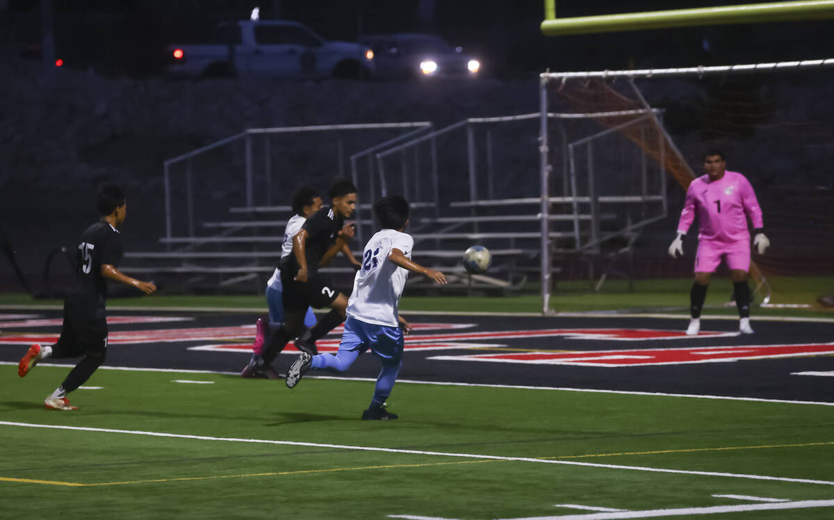 Canyon Springs' Jaden Aguirre looks to shoot against Las Vegas during a soccer game at Las Vega ...