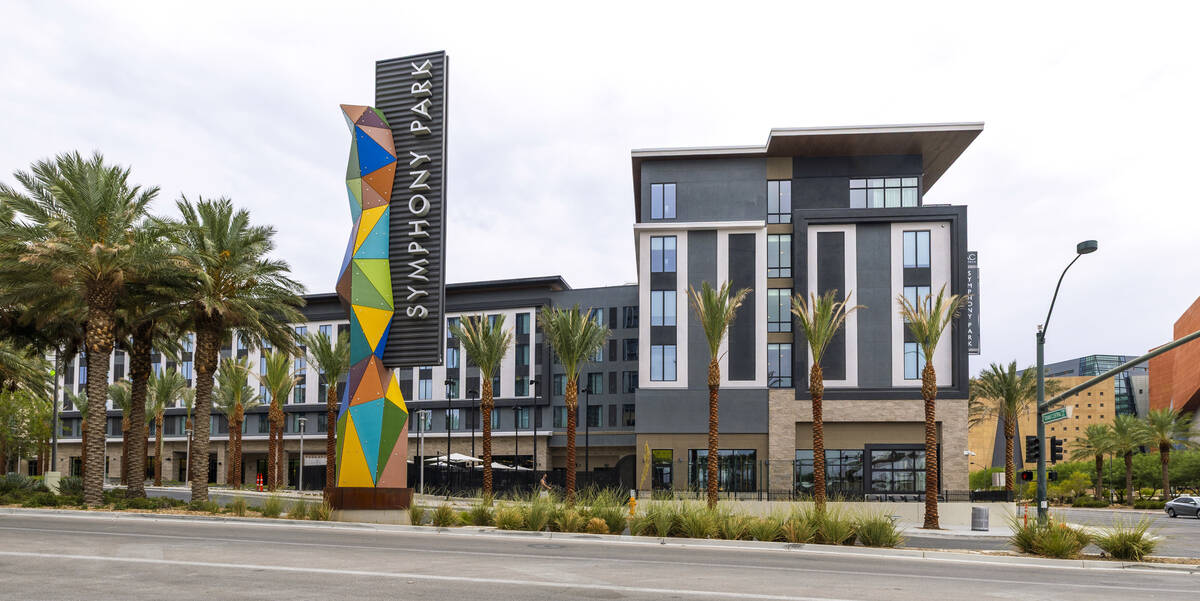 The side exterior of the new AC / Element Hotel Symphony Park on Tuesday, Sept. 2, 2025, in Las ...
