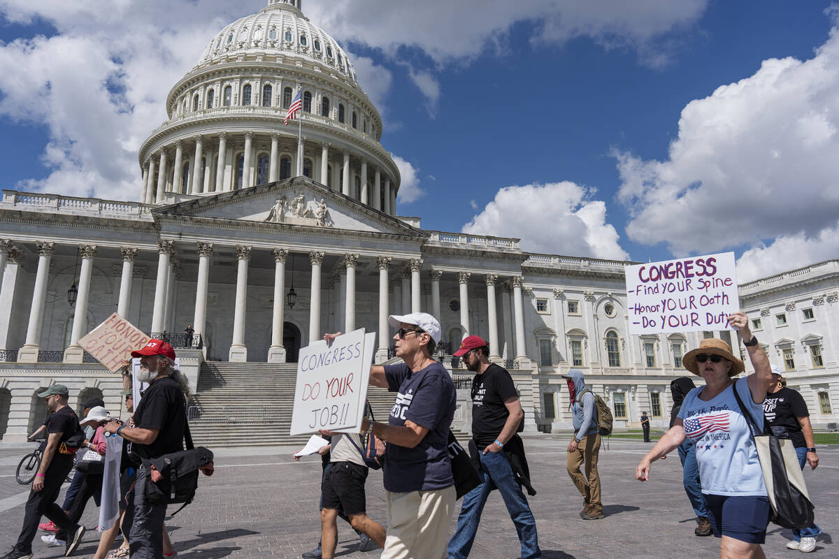 Demonstrators protest the policies of President Donald Trump, the Congress, and the delay in th ...