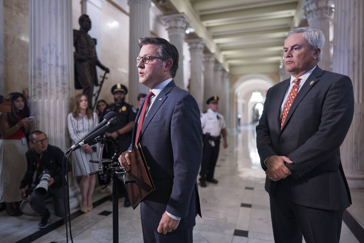 Speaker of the House Mike Johnson, R-La., and House Oversight Committee Chairman James Comer, R ...
