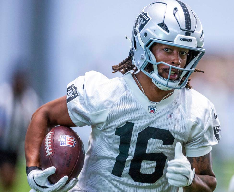 Raiders receiver Jakobi Meyers (16) runs the ball on a punt return drill during practice at the ...